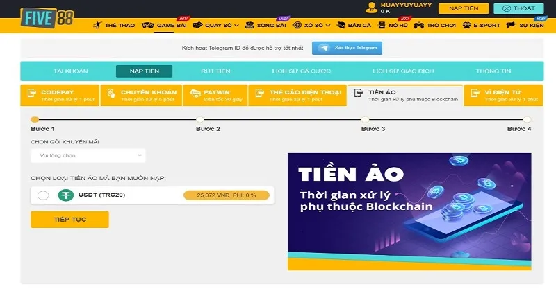 Thao tác nạp tiền Five88 bằng tiền ảo