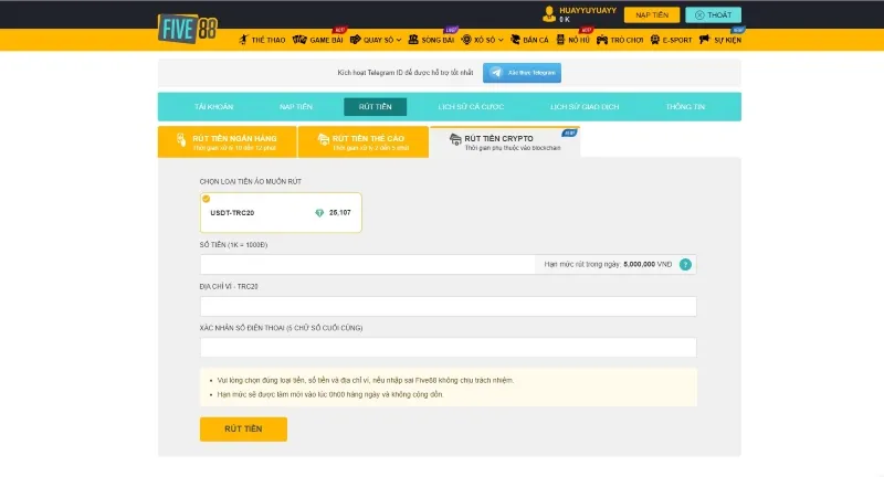 Thao tác rút tiền Five88 Crypto