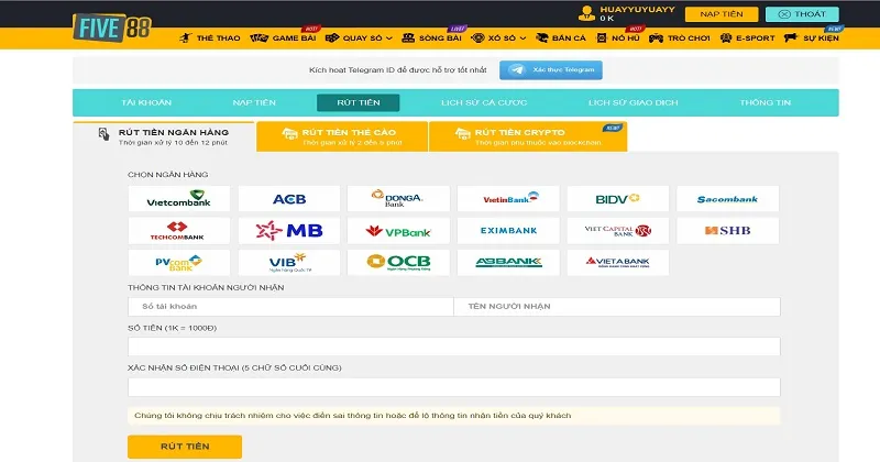 Thao tác rút tiền Five88 về ngân hàng